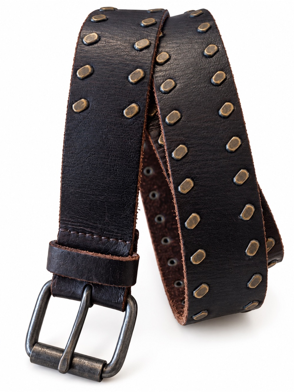 American Eagle Men’s Leather Studded Belt Brown Brutalist Industrial M